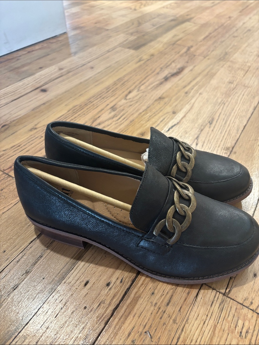 Black Leather Chain-Trim Loafers